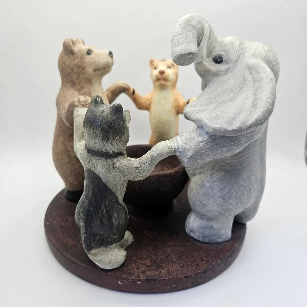 Y2K VTG Penco Animals Holding Hands Circle Tealight Candle Holder Elephant Bear